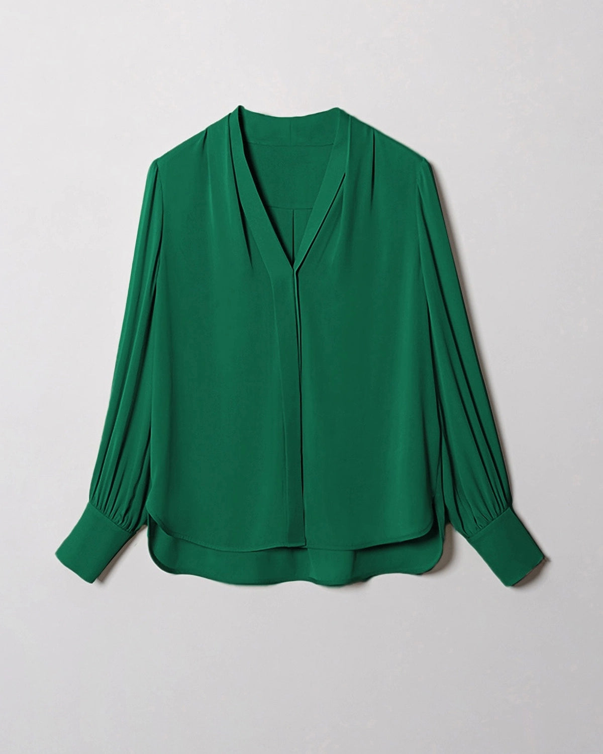 Chic Deep V-Neck Silk Blouse, Dark Green
