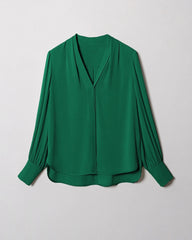 Chic Deep V-Neck Silk Blouse, Dark Green
