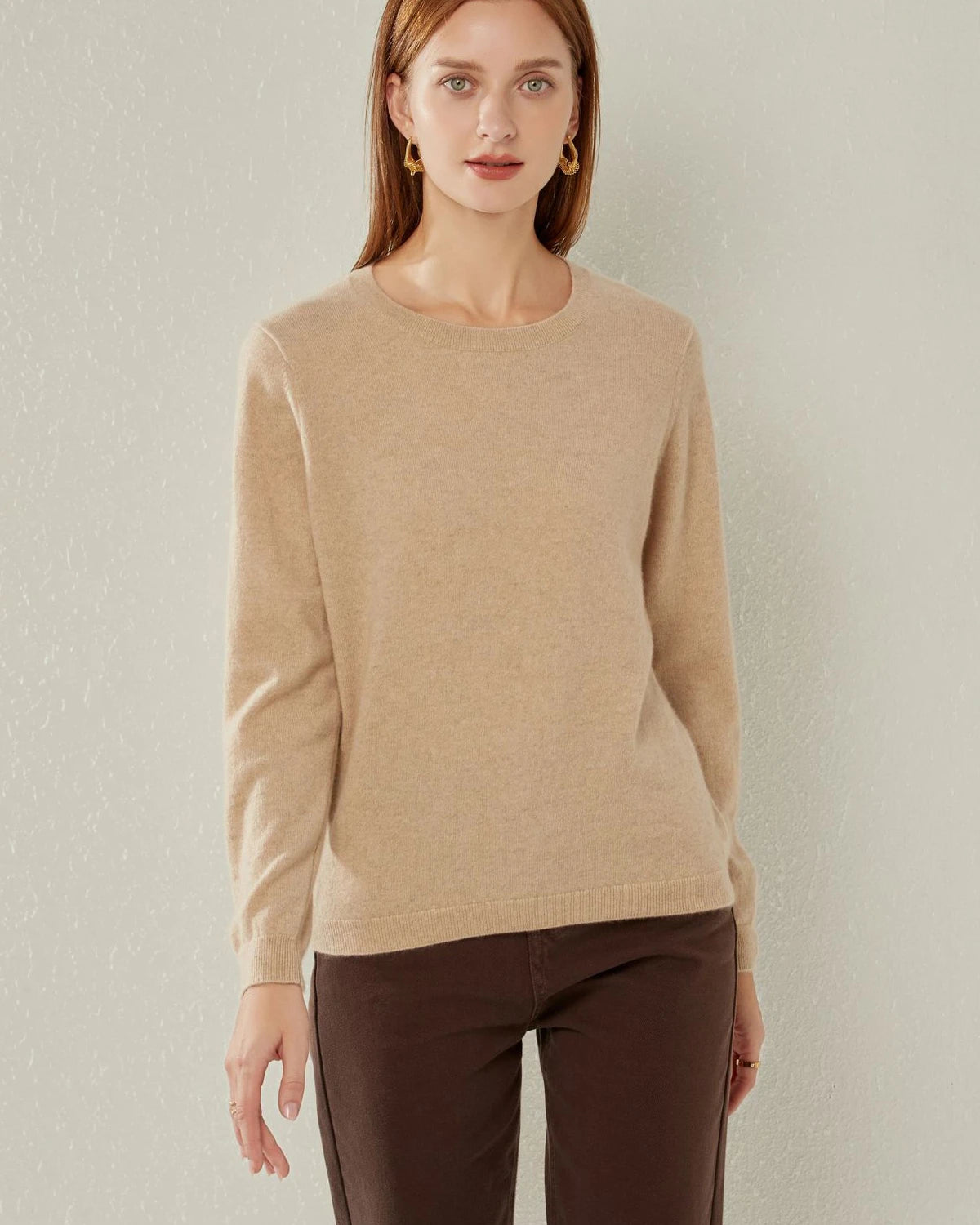 Crewneck Lightweight Cashmere Sweater, Camel