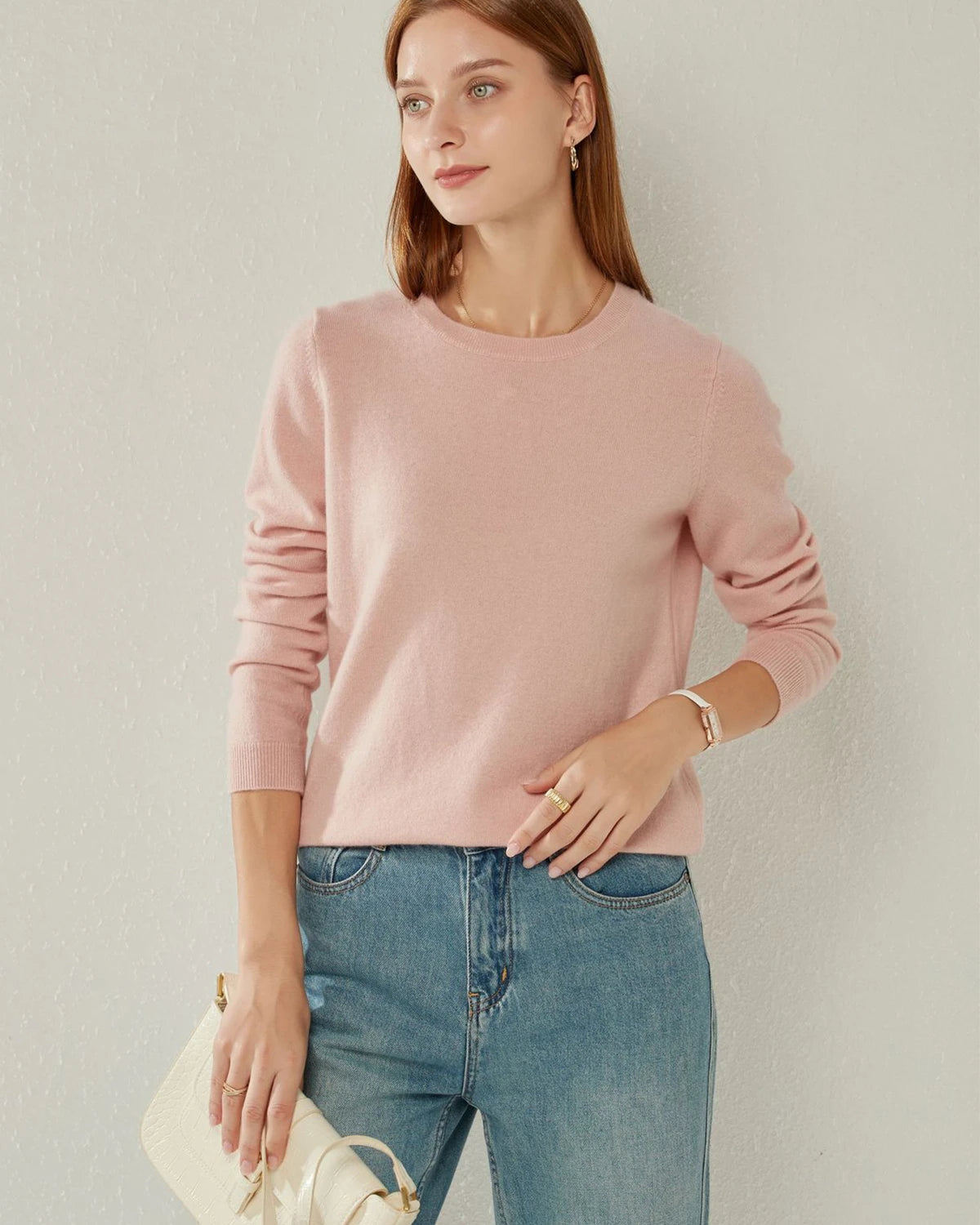 Crewneck Lightweight Cashmere Sweater, Pink