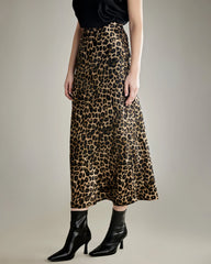 Classic Leopard Print Maxi Silk Skirt, Champagne