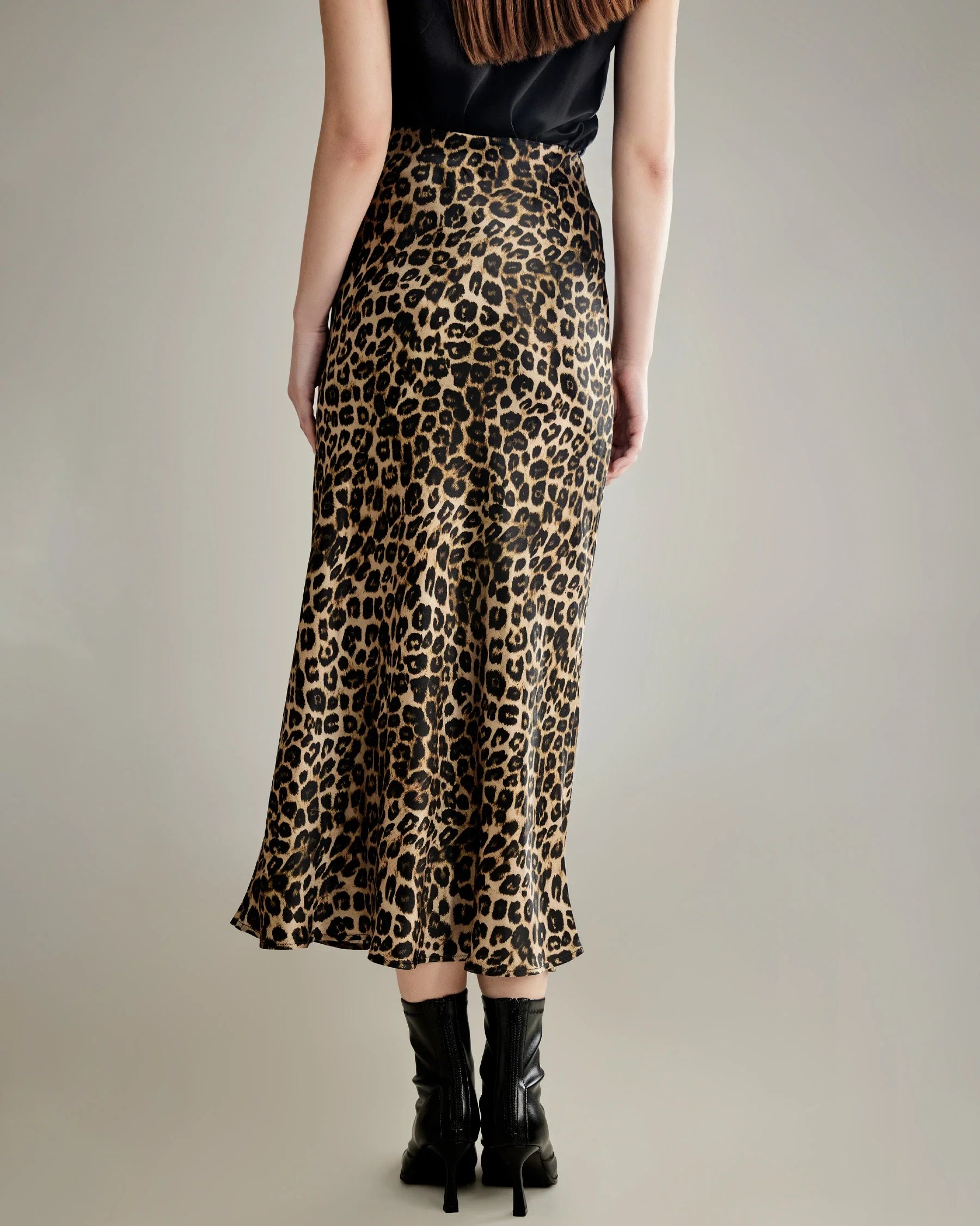 Classic Leopard Print Maxi Silk Skirt, Champagne