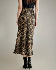 Classic Leopard Print Maxi Silk Skirt, Champagne