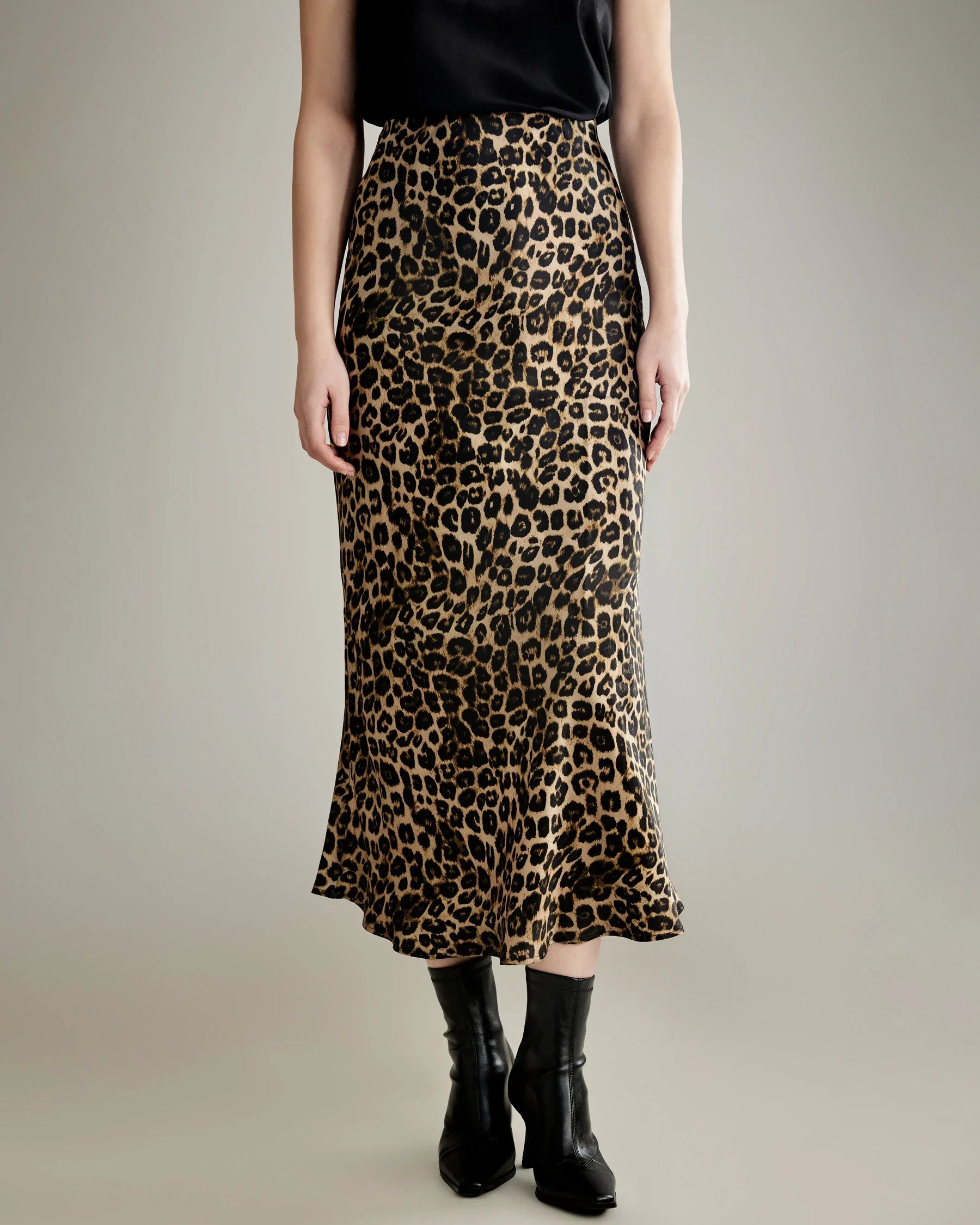 Classic Leopard Print Maxi Silk Skirt, Champagne