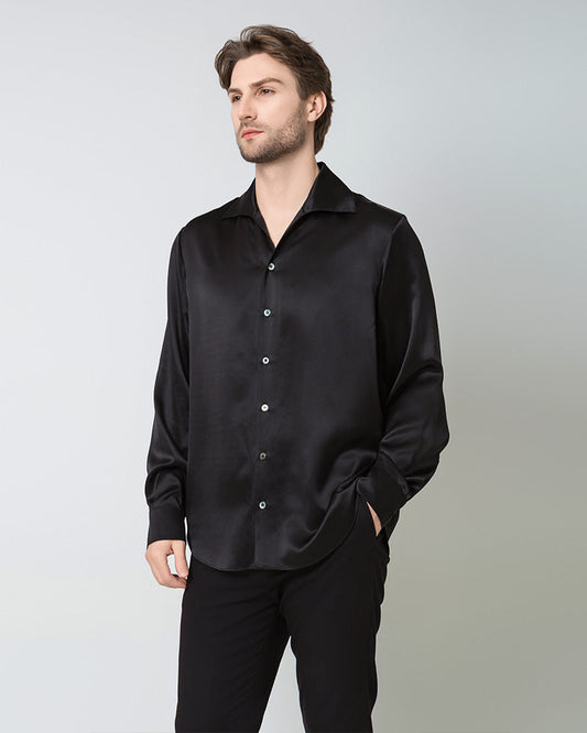 Classic Long Sleeve Silk Men's Shirt, Black