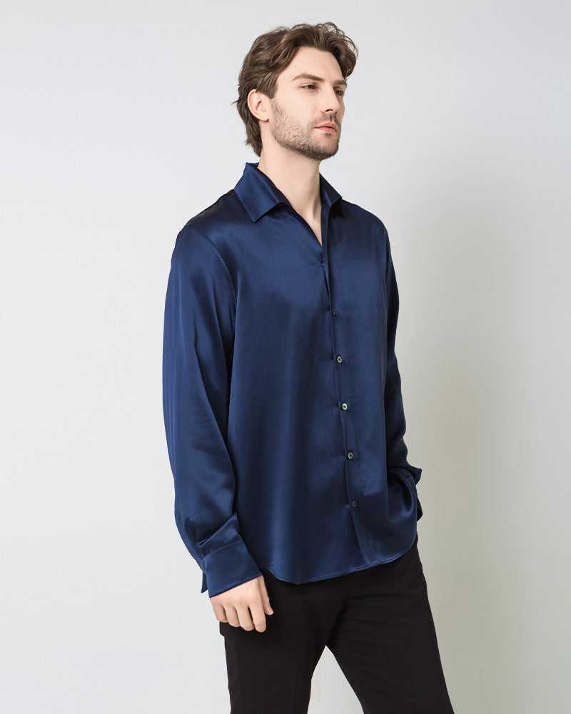 Classic Long Sleeve Silk Men's Shirt, Navy