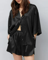 Classic Plus Size Silk Pajama Set, Black