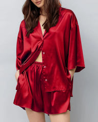 Classic Plus Size Silk Pajama Set, Red