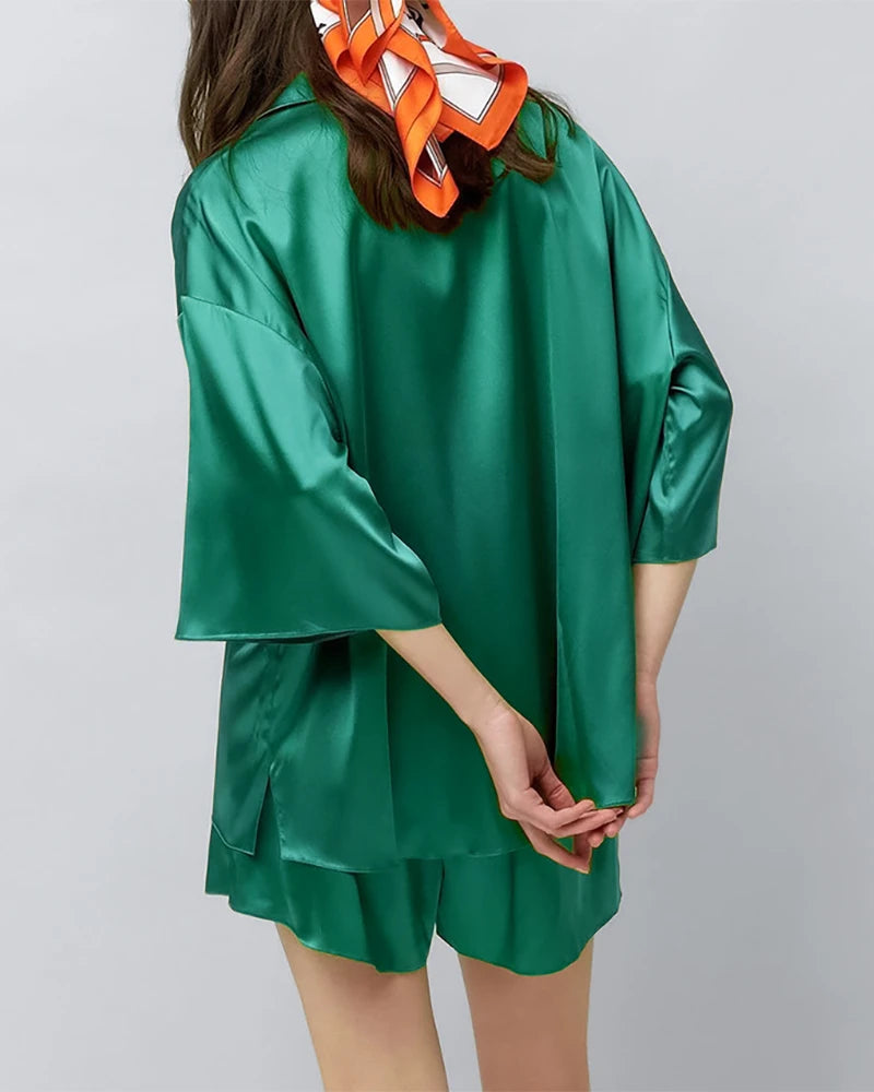Classic Plus Size Silk Pajama Set, Dark Green