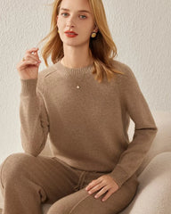 Classic Crew Neck Cashmere Sweater, Dark Camel