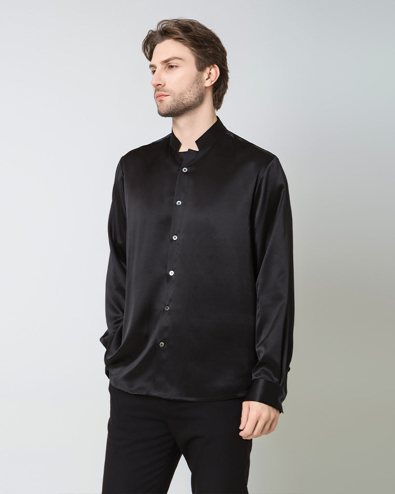 Classic Silk Men's Button Down Shirt, Black