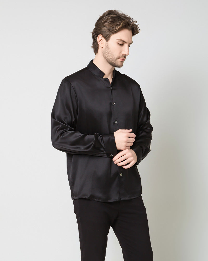 Classic Silk Men's Button Down Shirt, Black