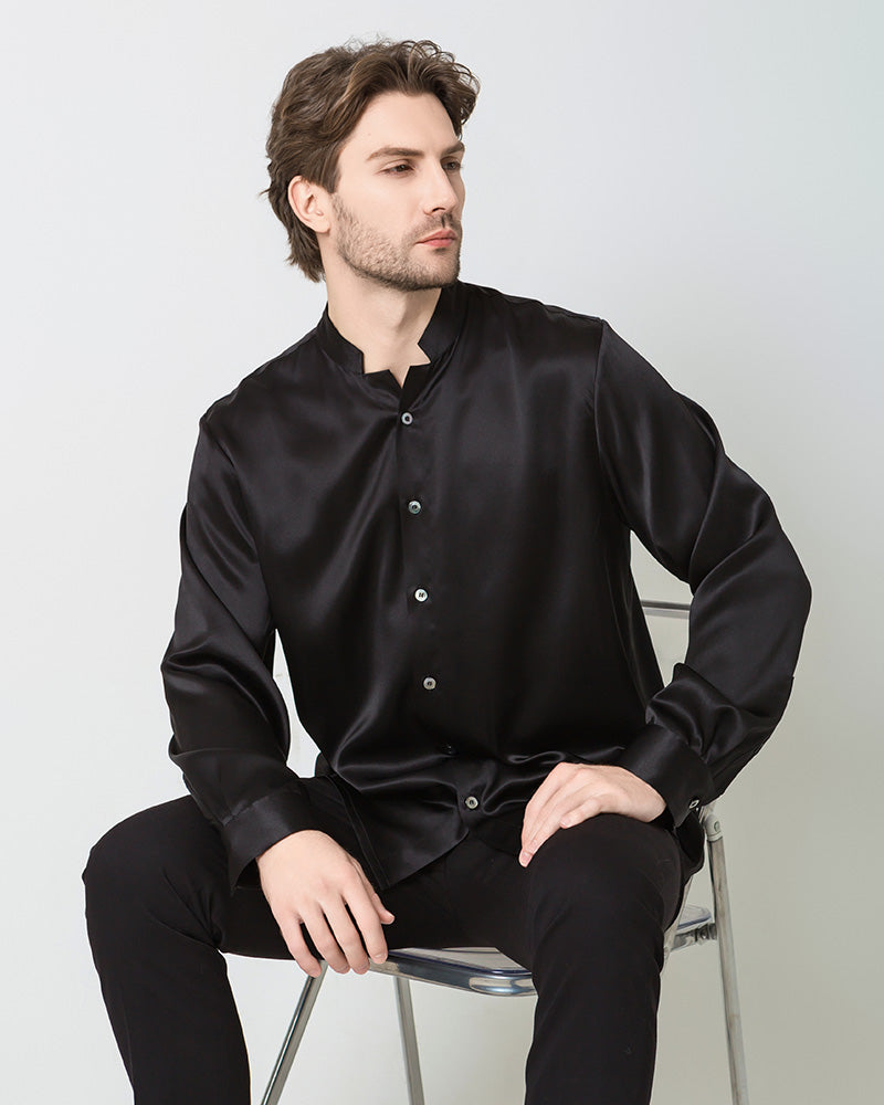 Classic Silk Men's Button Down Shirt, Black