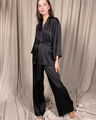 Classic Silk Robe and Pants Set for Women, Black