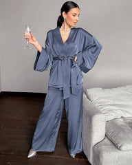Classic Silk Robe and Pants Set for Women, Dusty Blue