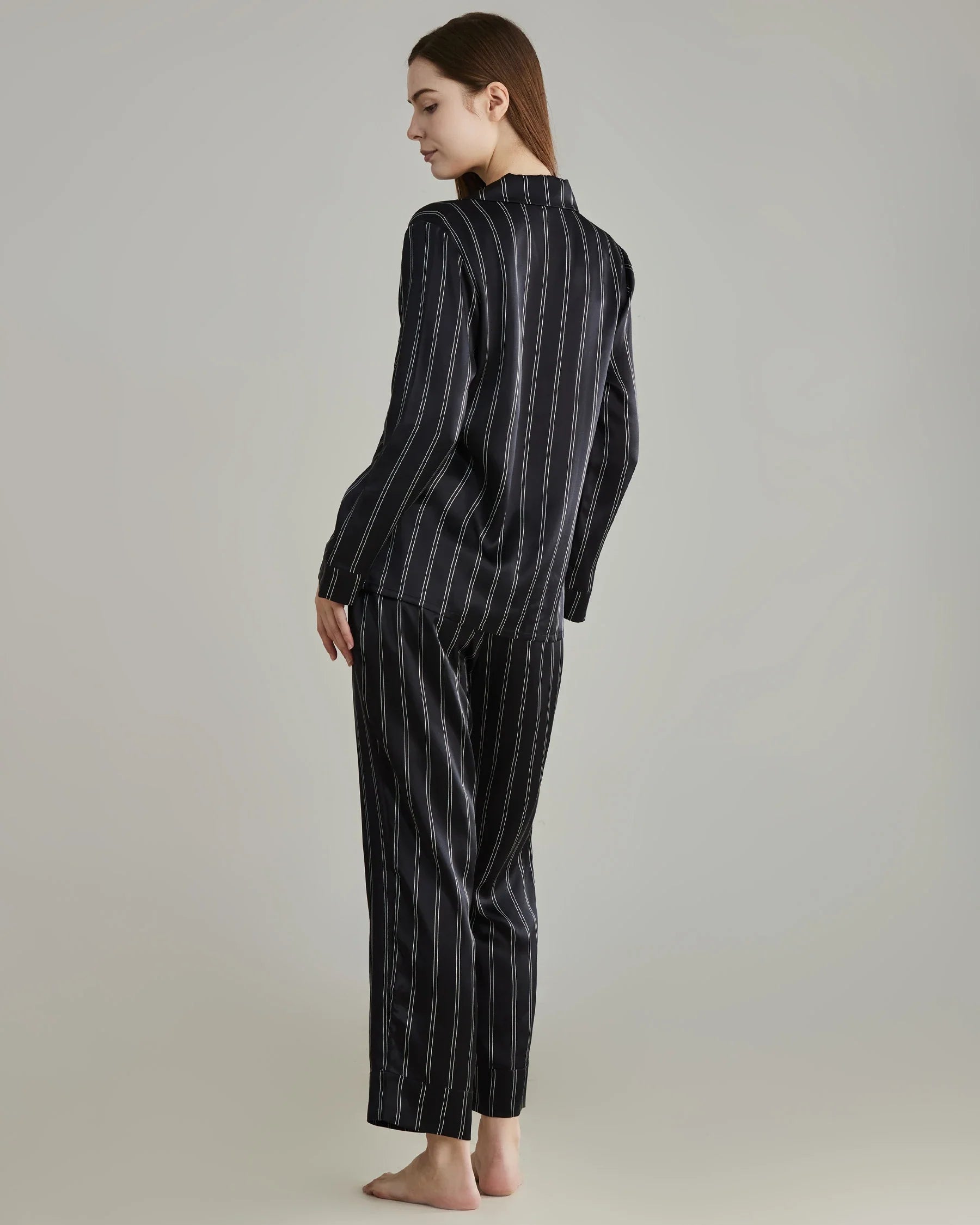 Classic Striped Silk Pajamas Set, Black