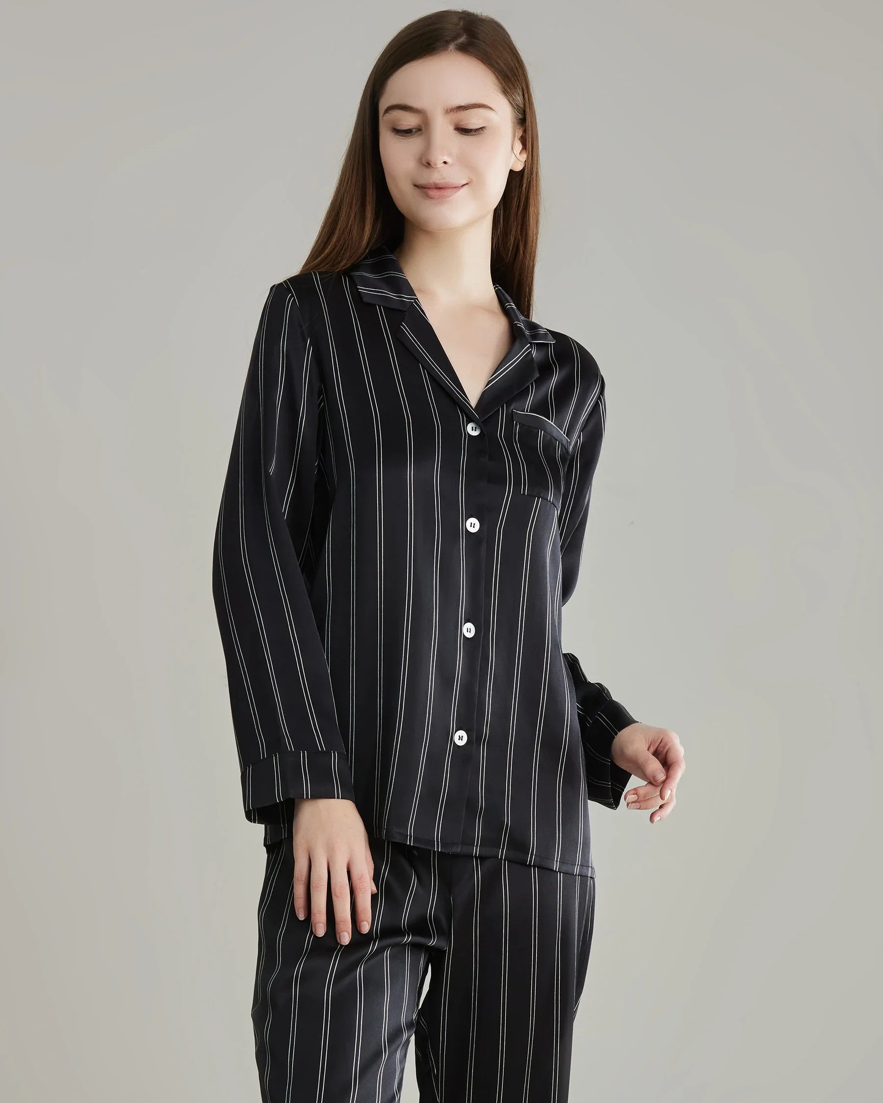 Classic Striped Silk Pajamas Set, Black