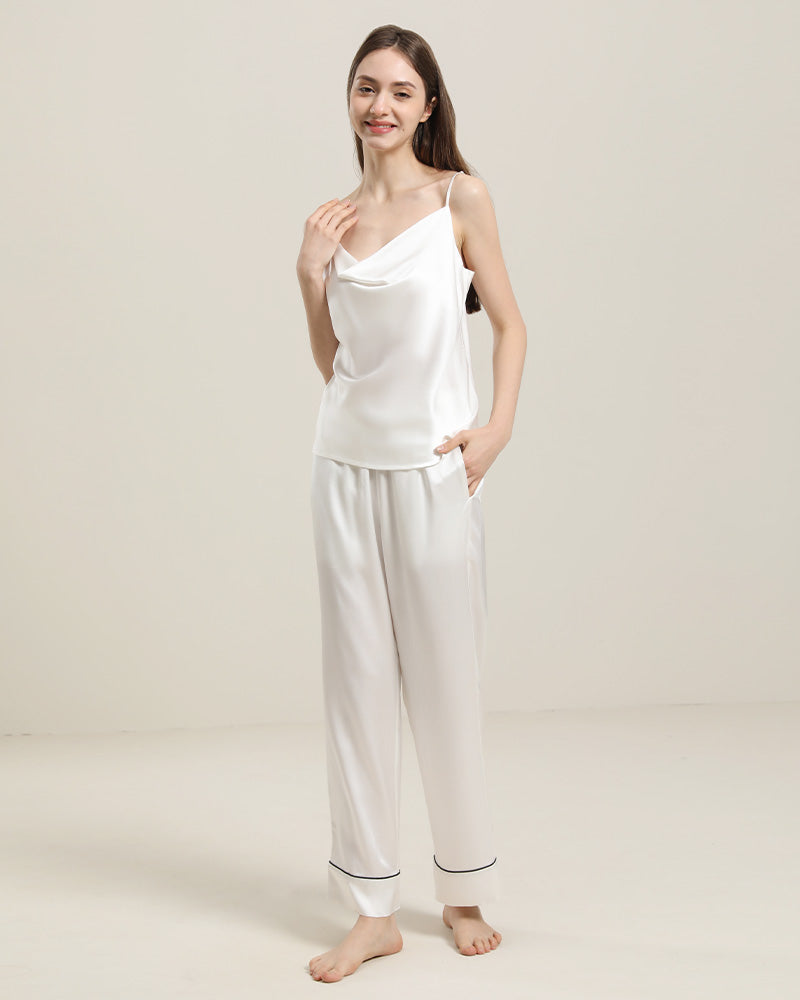 Cowl Neck Camisole Silk Pajama Set, White