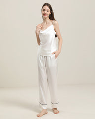 Cowl Neck Camisole Silk Pajama Set, White