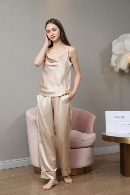 Cowl Neck Camisole Silk Pajama Set, Champagne