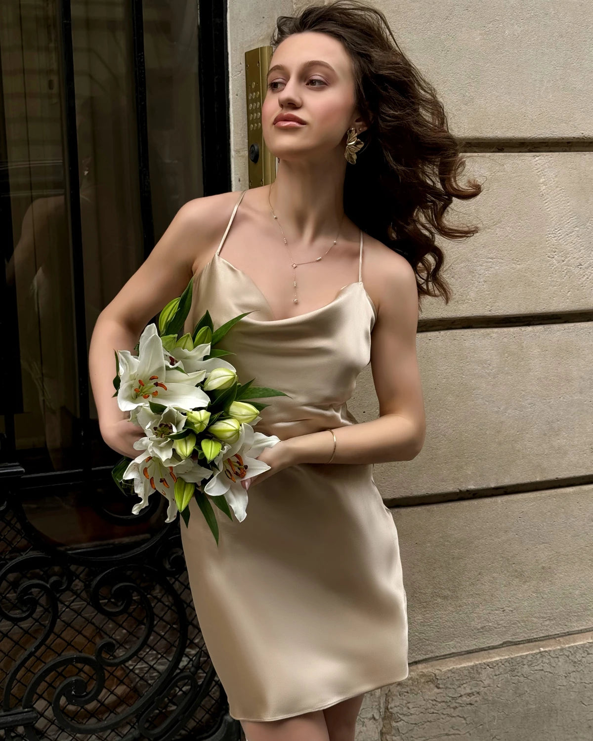 Cowl Neck Cross Back Mini Silk Dress, Champagne