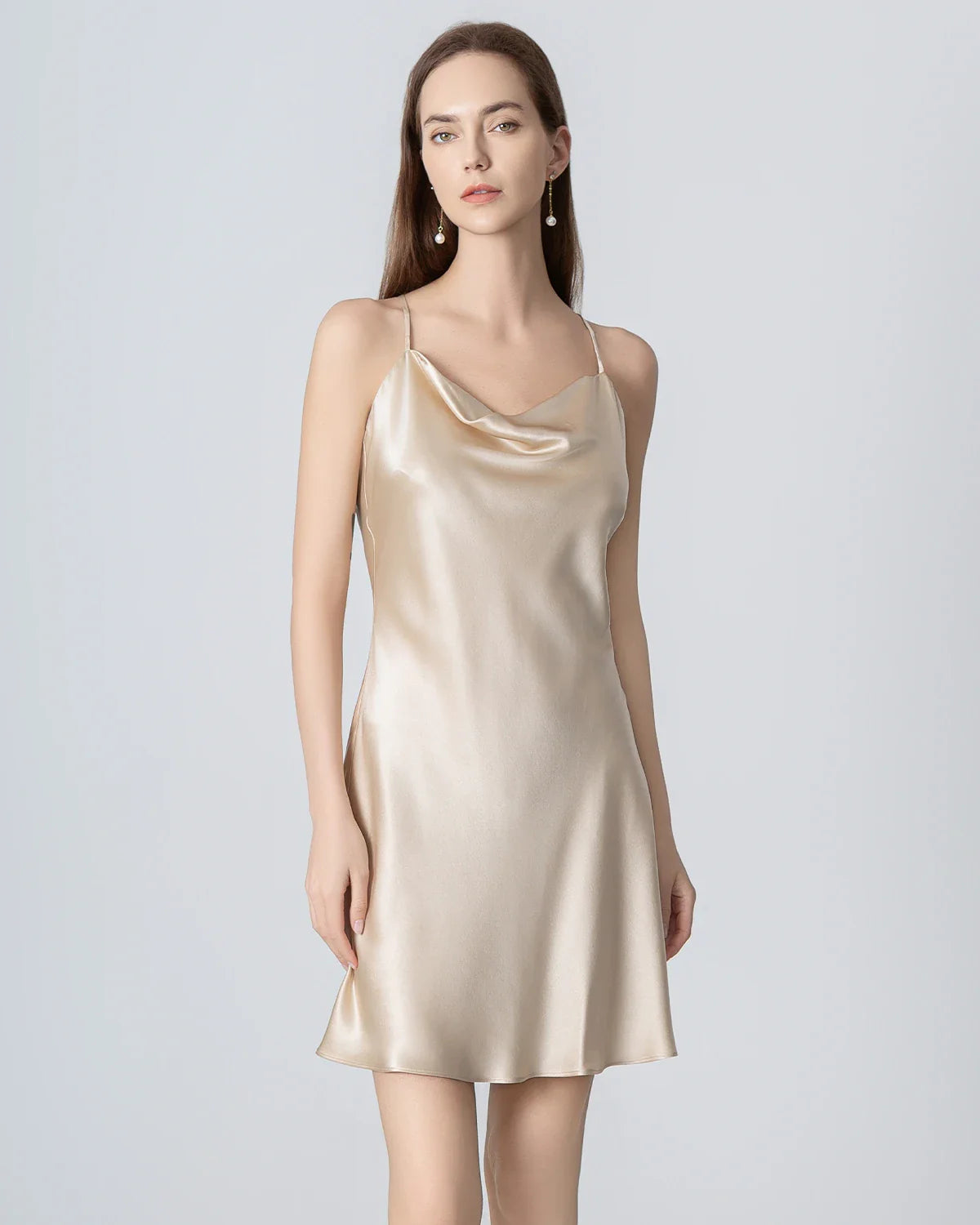 Cowl Neck Cross Back Mini Silk Dress, Champagne