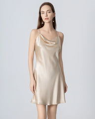 Cowl Neck Cross Back Mini Silk Dress, Champagne