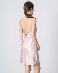 Cowl Neck Cross Back Mini Silk Dress, Pink
