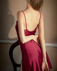 Cowl Neck Silk Short Nightgown Burgundy