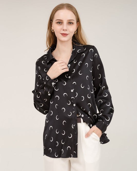 Crescent Moon Print Silk Blouse Shirts