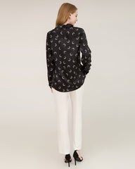 Crescent Moon Print Silk Blouse Shirts
