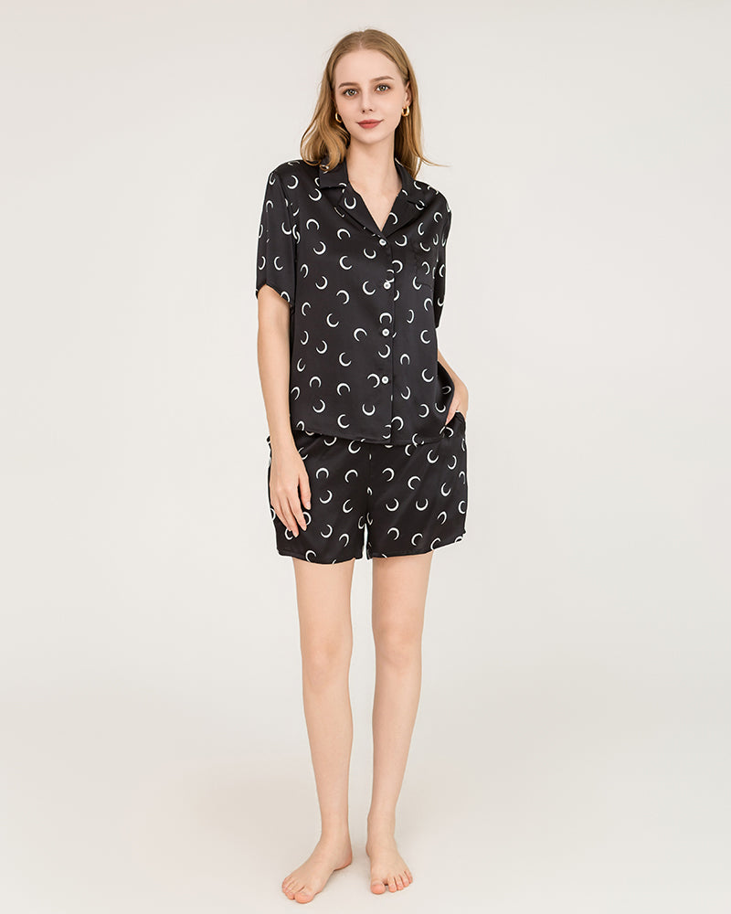 Crescent Silk Short Pajamas Set, Black
