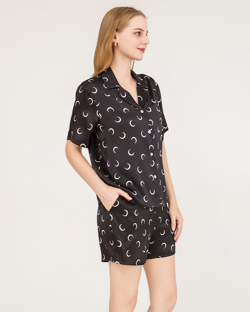 Crescent Silk Short Pajamas Set, Black