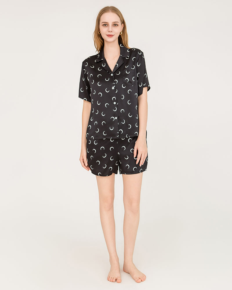 Crescent Silk Short Pajamas Set, Black