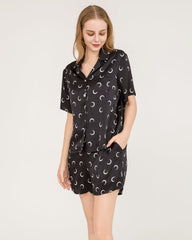 Crescent Silk Short Pajamas Set, Black