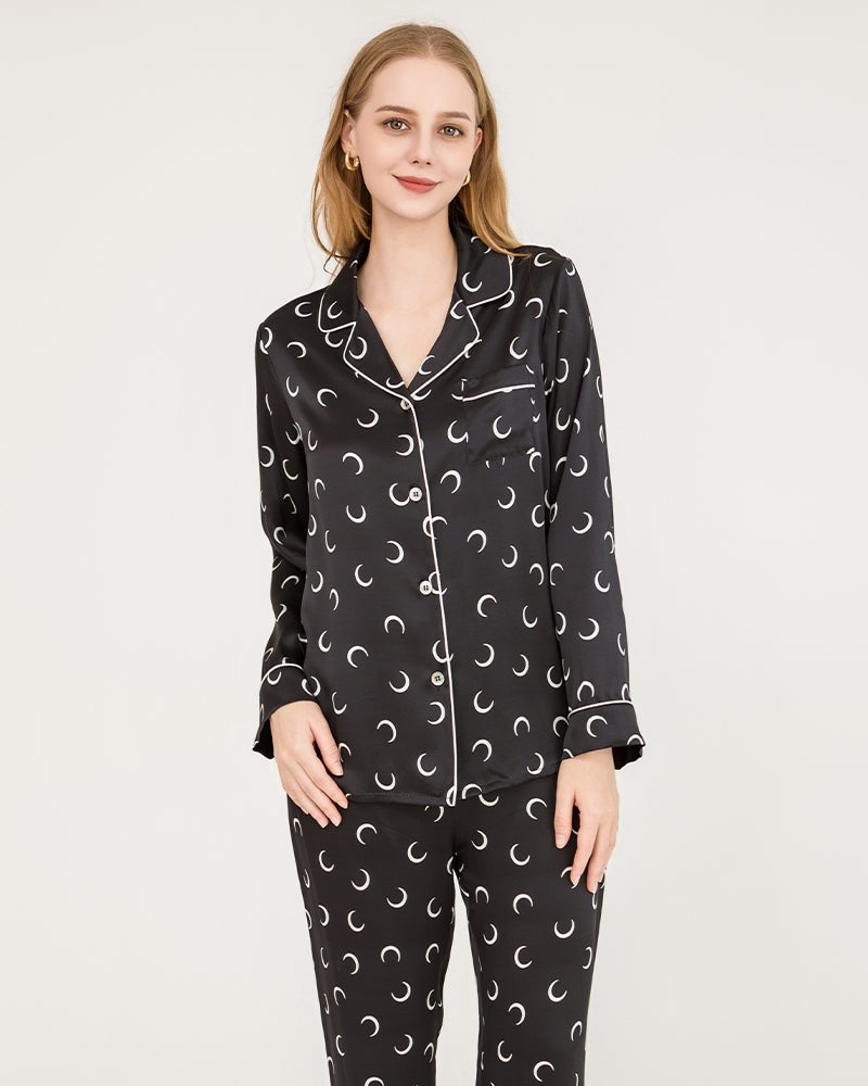 Crescent Moon Print Silk Pajamas, Black