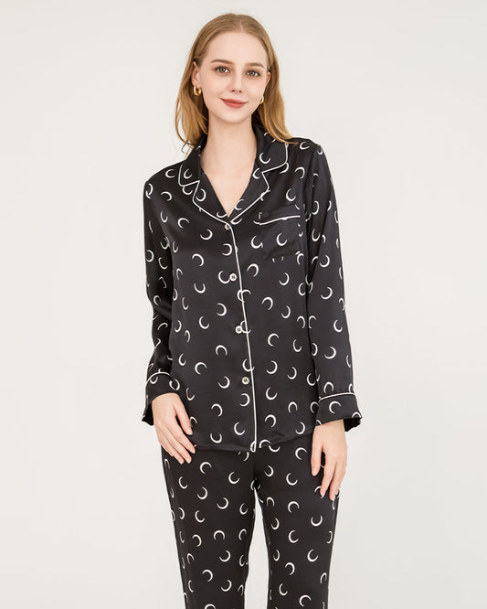 Crescent Moon Print Silk Pajamas, Black
