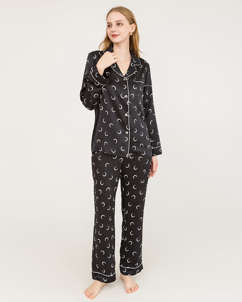 Crescent Moon Print Silk Pajamas, Black