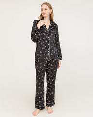 Crescent Moon Print Silk Pajamas, Black