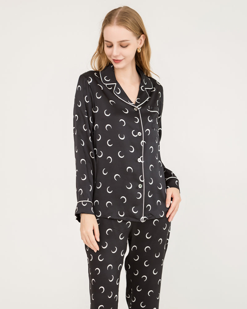 Crescent Moon Print Silk Pajamas, Black