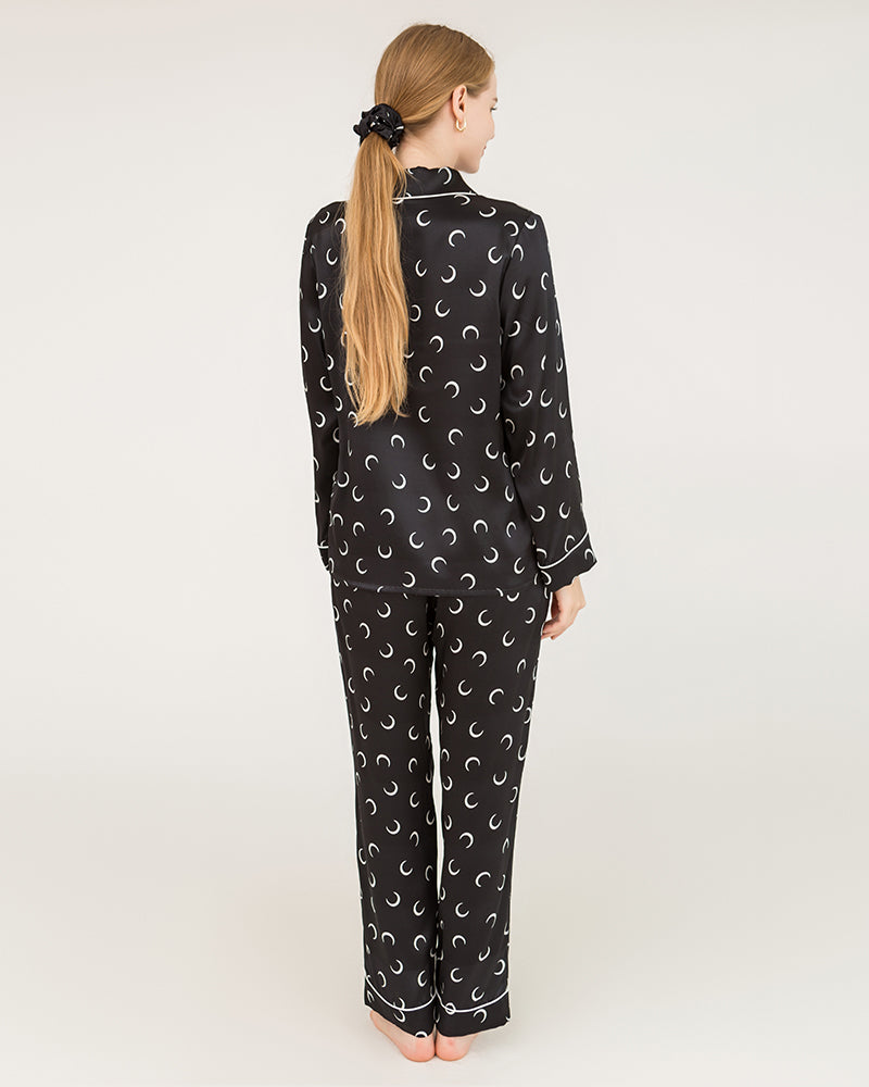 Crescent Moon Print Silk Pajamas, Black