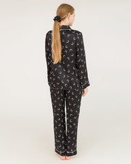Crescent Moon Print Silk Pajamas, Black