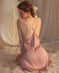 Cross Back Silk Slip Nightgown, Rose Pink
