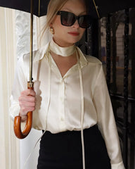 Women's Loose Tie Neck Silk Shirt, White