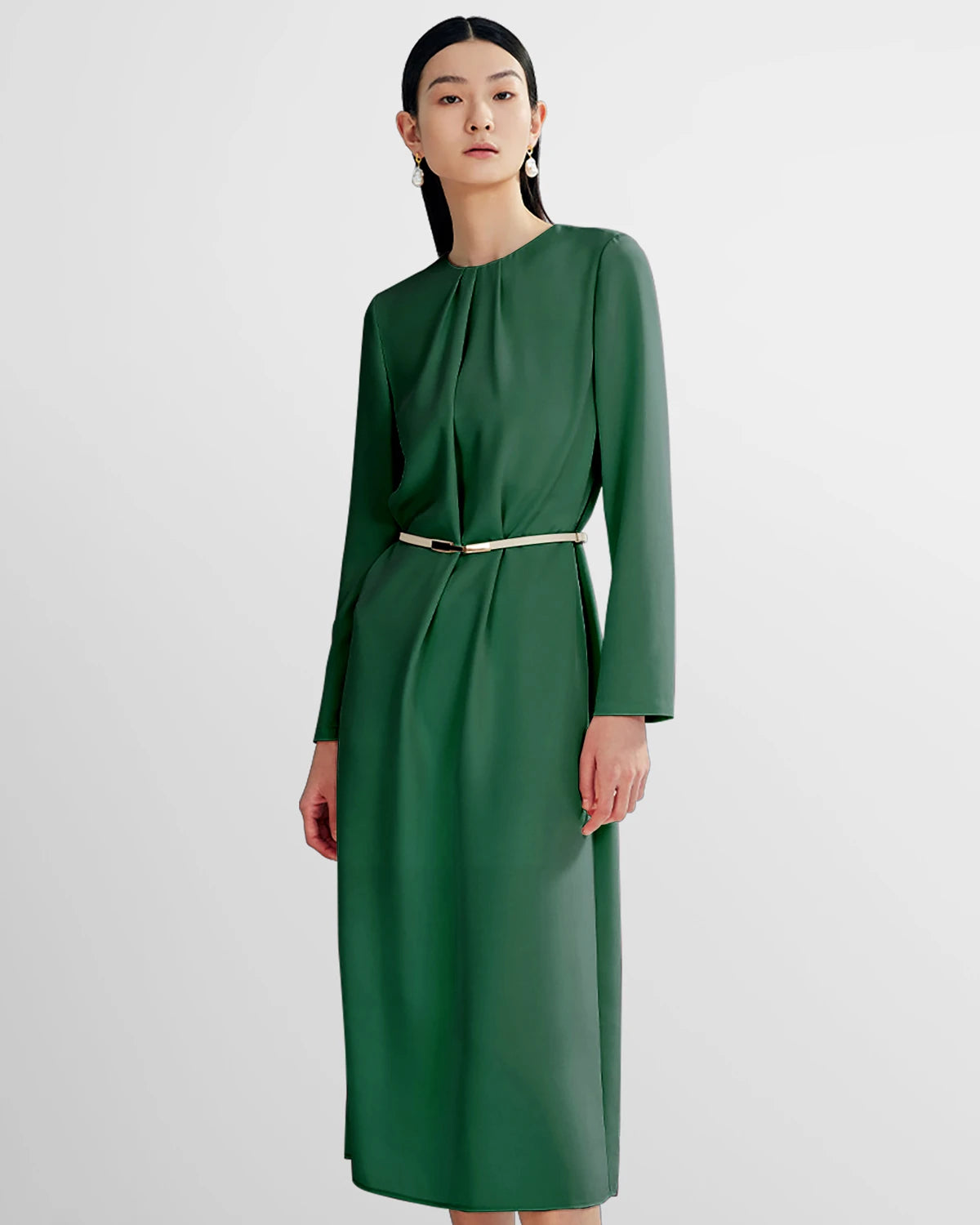 Ladies Basic Silk Dress With Back Slit, Dark Green