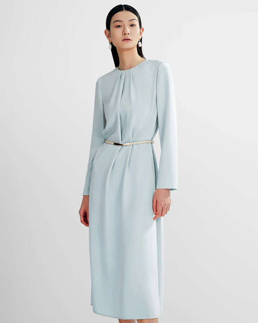 Ladies Basic Silk Dress With Back Slit, Light Blue