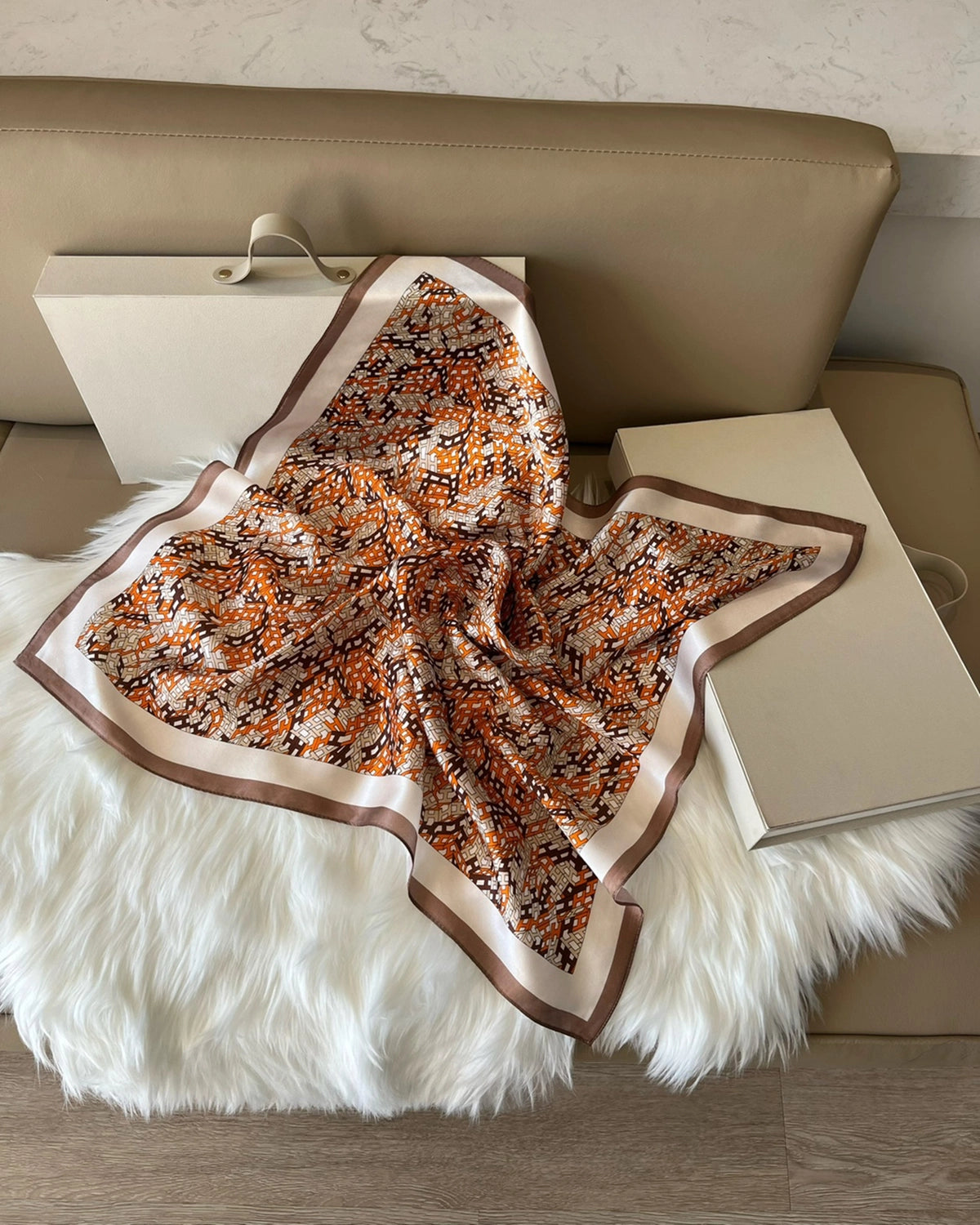 Letter H Patterned Silk Scarf, Orange