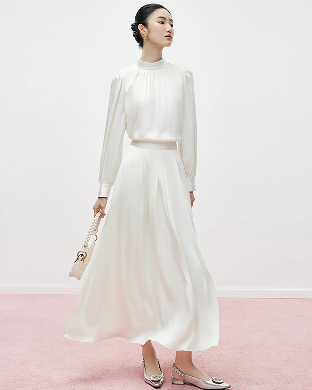 Silk Blouse Umbrella Pleated Maxi Skirt Set, White