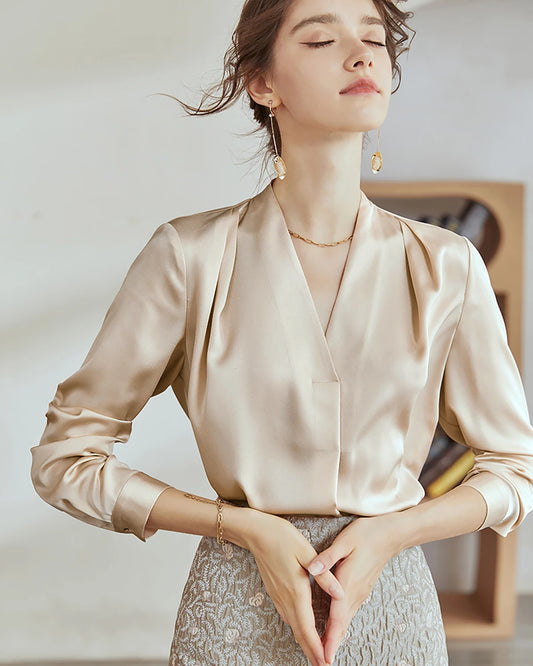 V-Neck Silk Pleated Blouse, Champagne