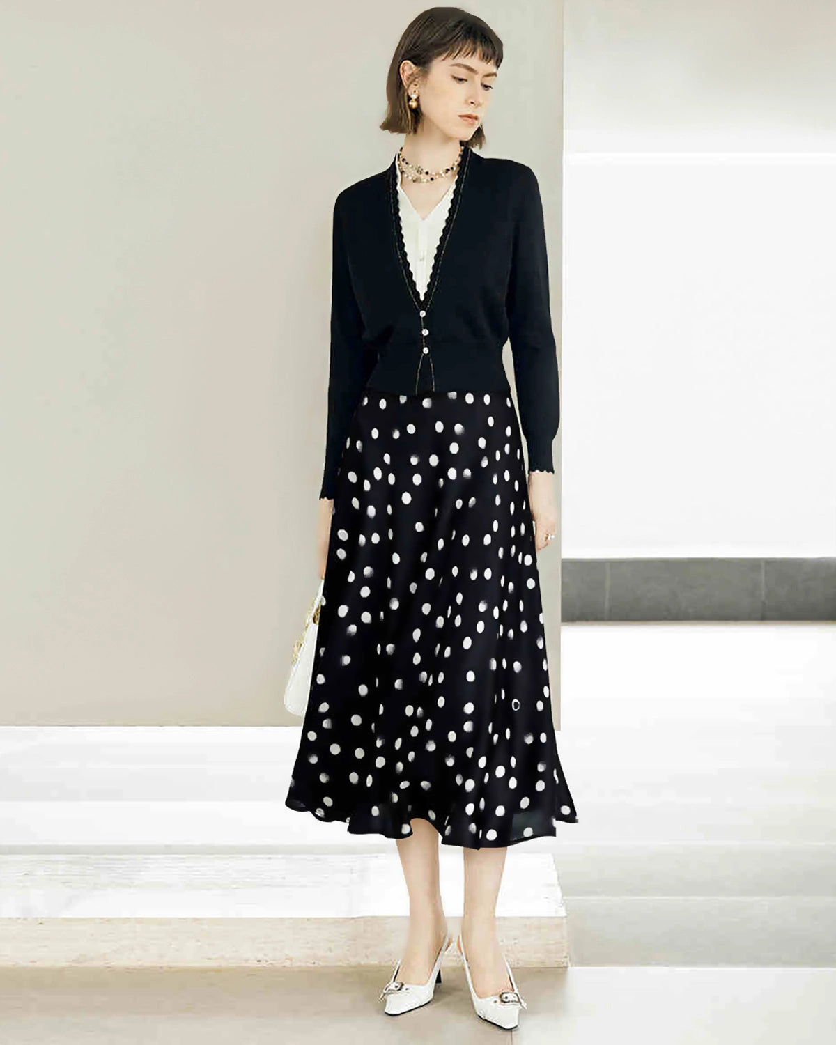 Polka Dot Print Silk Midi Skirt, Black And White